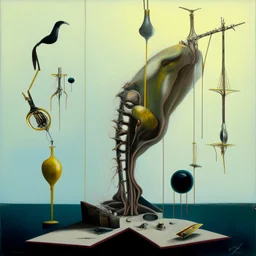 Abstract painting formed by a mix of human flesh-like surgical instruments and universe-like neuralink,strange musical instruments,minimalism,Painting By Adrian Ghenie, Rene Magritte, Salvador Dali, Lucian Freud