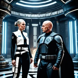 a bold and heroic bald male Corellian pilot in black and metallic grey First Order special forces gear meets a female Jedi Master in ancient, mystical temple, hyperdetailed, dynamic lighting, hyperdetailed background, 8k resolution, volumetric lighting, light skin, fully symmetric details