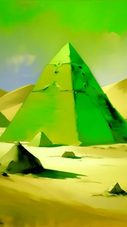 Lime green pyramids in a desert painted by John Singer Sargent