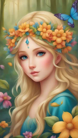 Step into the magical forest and meet the enchanting fairy girl with her shimmering golden hair and a crown of beautiful flowers on her head in the fairy tale world. Masterpiece, best quality, colorful, vibrant colors, fairy tale, whimsical, children's illustration, Anime, watercolor, oil painting, by Jeremiah Ketner, high detailed, high quality, 4k