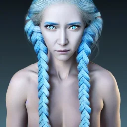 Female Air Genasi Monk with pale blue skin tone, braided white hair, blue-grey eyes, and serene facial expression.