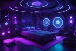 a dark, purple, soft and shady secluded chamber, a sanctuary of explorations. The room is adorned with an array of futuristic devices, each designed to awaken and satisfy the dreams of those who dare to enter. surrounded by an assortment of probes, arms, extensions, pinacles, and slime. a large bed in the center, with pillows and soft sheets in cotton