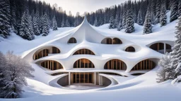 7195, rule of thirds, delightful, sensitive, confident, undulating sinusoidal theatre with pointed hyperbolic roofs, forest, delicate, thick snow, sunshine, symmetrical, exquisite architecture, innovative design, perfect symmetry, award-winning photograph, beautiful composition, filled with beautiful detail, delicate colour, chiaroscuro