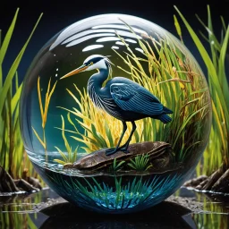 Prompt: A hyperdetailed photorealistic macro image of a glass sphere with a miniature eco system inside. The eco system is that of a coastal wetlands, with water, reeds, a snowy egret, redwing blackbirds, and a muskrat. Place a turtle under the water. Place the glass sphere on a wetlands mud bank with a neutral gray background.