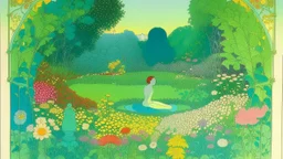 A contemporary serigraphy by Moebius and Seurat of people practicing yoga surrounded by blooming flowers and lush vegetation.