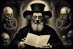 "Examiner" professor of halloween poster in the style of Rembrandt, Giger and Escher