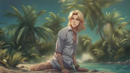 The handsome and perfect portrait is on the tropical island, anime sexy, feminine blonde-haired, lilac-eyed, and tan-skinned male character on the beach for the magazine, 8K resolution, high quality, ultra graphics, and detailed with lines.