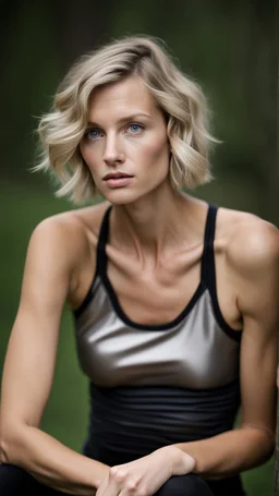 photography of a beautiful anorexic woman, silver satin top, sports illustrated, blond short wavy bob haircut, pronounced sternum, short leggins