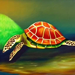 Oil painting style turtle and green world