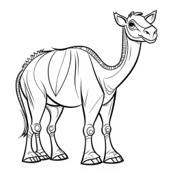 black and white drawing of cute camel outlined art bold, coloring book page for kids, simple classic cartoon style, 2D v4 q2