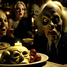 Spooky, ultra realistic distress, dining, ultra realistic hot nose, giant nose, organic hot bondes, dynamic, anguish, excited and lively scene, hypermaximalist figures, Creepy the Ring Alfred Hitchcock, Sam Raimi, insanely detailed, sinister, John Carpenter, Dario Argento, ornate