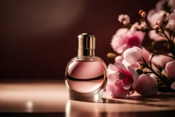 top shot of a perfume bottle on a pink table with flowers, gray spheres in the background, product photography in style of Kodak Portra — style raw — q 2 — s 250 — v 5.2 — ar 9:16