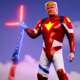 Realistic image of Donald trump super hero, retro style, watchmen style, red white blue colors, white stars, suspenders, latex material, 80s, vibrant color, highly detailed, sky background, concept art, unreal engine 5, god rays, ray tracing, RTX, lumen lighting, ultra detail, volumetric lighting, 3d, finely drawn, high definition, high resolution.