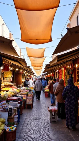 a view of a public market in Morocco showing people sailing food and outlet requirements