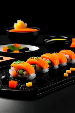 Resturant menu of sushi, sushi in the backround, black and orange