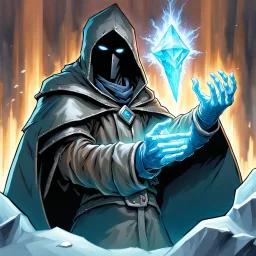 fantasy 90's tcg art hooded figure man with ice powers holding out hand