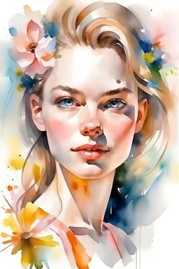 watercolor painting of a beautiful portrait of a 25 year old woman, realistic skin texture, flower in her hair, looking into the camera, Anna Razumovskaya style, atmospheric light, realistic colors