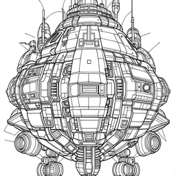 outline art for space ship coloring page for kids, classic manga style, anime style, realistic modern cartoon style, white background, sketch style, only use outline, clean line art, no shadows, clear and well outlined