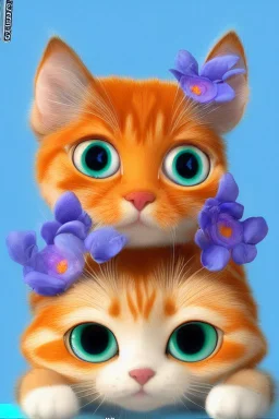 Blue and orange chibi pixar cats with big lifelike eyes and flowers