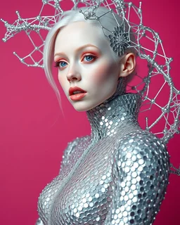 pink back ground ,A mesmerizing fusion of intimate abstraction and surreal futurism, depicting a striking female albino figure adorned in a breathtaking silver chrome-scaled suit. The intricate structure of the suit echoes the hyper-fractal nature of a coherent hyper-position lattice, creating a dynamic interplay of light and form that seems almost otherworldly. Her presence is both mysterious and seductive, yet tinged with an innocent vulnerability, as she gazes outward with an expression of