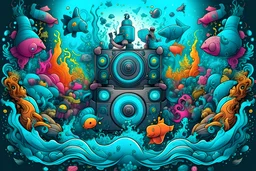 underwater ultra detailed 3d graffitti style music festival poster with massive speakers and people dancing with sea creatures