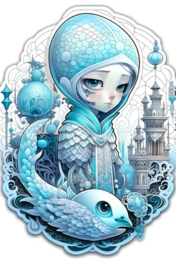 Sticker Cute Storoked White Backgrund : iridescent, scales, islamic architecture, blues, textured, intricate, ornate, shadowed, pale muted colors, 3D, highly detailed, deco style, by Tim Burton, by Dale Chihuly, by Hsiao-Ron Cheng, by Cyril Rolando, by h. r. giger $plastic$ grid:true