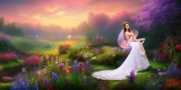 bright fairy, beautiful portrait, flowery landscape