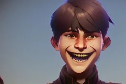 huge grin on a boy with a bowlcut