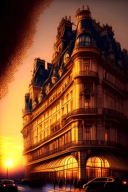 A grandiose portrayal of the Hilton Hotel in Paris bathed in the warm glow of a setting sun. The architecture should be finely detailed, with a sharp focus on the intricate facade, contrasted by the lively street scene bustling with Parisians and tourists.