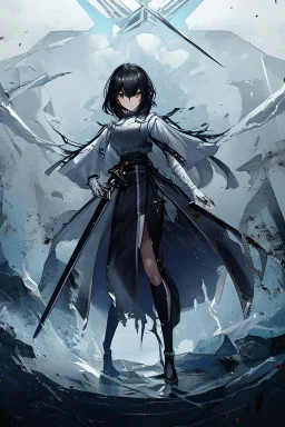 Anime girl with short black hair and sharp green eyes, holding a pike, full body black and white metal plate armour, full body shot, Dramatic lighting,1woman, soaked in blood, standing pose, sword at the waist, close shot, lean body,