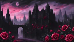 painting of a city of black stone entwined with red and pink roses. The sky is black and purple. Gothic, dark, gloomy