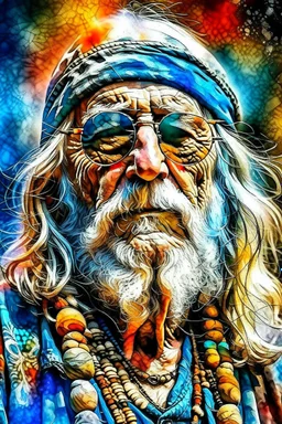 The old hippie, double exposure old hippie's face formed by a band on stage playing a concert, watercolor.