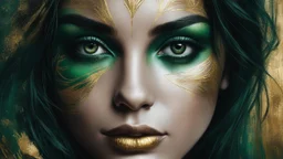 <lora:Texturized:1.0> close up of painting of woman face, detailed painting, Bastien L. Deharme, gothic art, eyes full of love, 8k, high detail, shades of dark green and gold, tribal atmosphere, weathered face