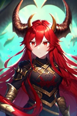 girl, masterpiece, best quality, cinematic lighting, detailed outfit, vibrant colors, perfect eyes, long hair, red hair, red eyes, dragon girl, armored clothes, angry, looking down, dragon horn,