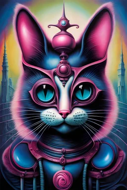 A very strange bizarre alien cat, Hieronymus Bosch, H.R. Giger, Salvador Dali, airbrush, colourful, triadic colours, pink and blue theme