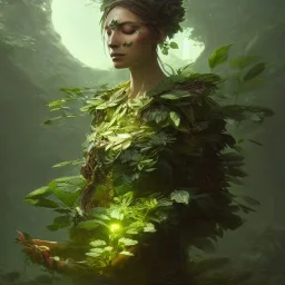 a beautiful portrait of a plant goddess with closed eyes by Greg Rutkowski and Raymond Swanland, Trending on Artstation, ultra realistic digital art