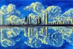 Sunny day, clouds, futuristic buildings, water reflections, sci-fi, tendency to impressionism, realistic painting