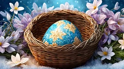 winter, Easter egg with cross design, in basket, basket in flower bedb diffuse lighting, fantasy, complex highly detailed drawing, realistic, photorealistic digital drawing, complex background