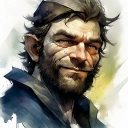 dnd, fantasy, watercolour, large strokes, stylistic, dull colors, portrait, illustration, male, face, weathered face, sly, violent, evil, smiling, vigorous, rogue, criminal