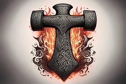 Viking hammer Mjolnir ,tribal tattoo style,INTRICATE DETAILS, 8K RELOSUTION,clean lines, t-shirt format,flaming background