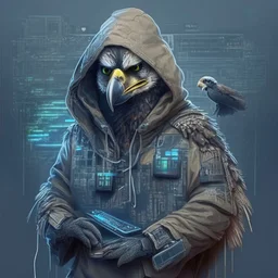 A falcon as a hacker using a hoodie, military and hacker gadgets