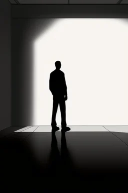 a man in an empty space standing in front of a wall looking at his shadow reflected on the wall. a red puppy sleeping on the floor in the background, thin line draw style, Busch painting style