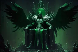 armadura negra y verde de hombre con alas de ángel sentada en un enorme trono en medio de la noche