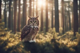 antropomorph cat owl in a pine forest in sunshine, ethereal, cinematic postprocessing