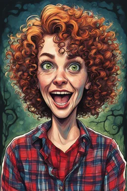 a cartoon illustration of a schizophrenic curly, short haired vampire girl in a plaid flannel shirt, in the cartoon style of Lynda Barry , Ernie Pook's Comeek, vibrant natural colors, , museum quality masterpiece