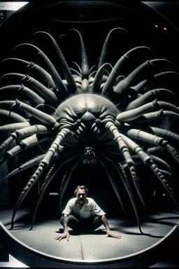 polaroid, gruesome, cosmic unreal entity, terrifying, man next to it for size comparison, roughly 100-feet in diameter, these creatures are able to form limbs, eyes, teeth, wings, and other appendages at will, imitate other life forms, and perform great feats of strength