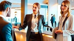 creepy man flirting with insulted female hostess at entrance of exclusive airport lounge