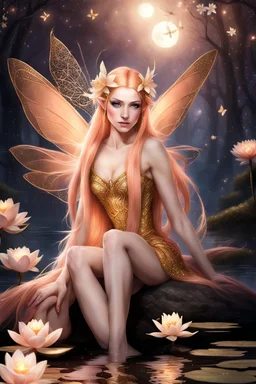 Pointed elven ears,Peach hair , light peach hair, dark,night dark gold,gold,golden,rapunzel hair,dragonflies,water lilies, night,light,,butterflies,elven ears,dark fairy ,night sky,stars,princess,nymph,sparkle,glitter,orchids