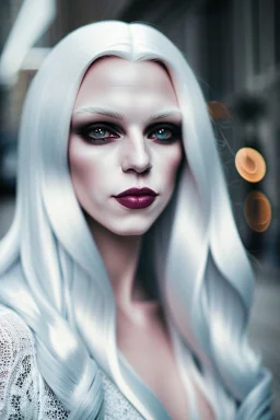 a woman white hair luxury stlye in a street