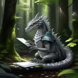 A humanoid dragon with grey scales in the middle of taking notes in a magical forest